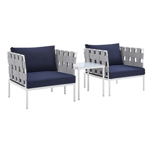 modway harmony 3-piece aluminum/fabric patio seating set in navy/gray