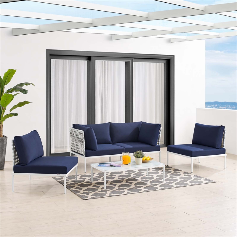 Modway Harmony 4-Piece Fabric Basket Weave Patio Seating Set in Taupe/Navy