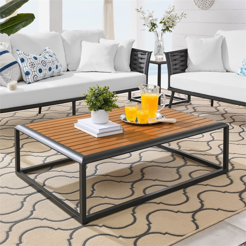 Modway Stance Aluminum & Wood Patio Coffee Table in Gray and Natural