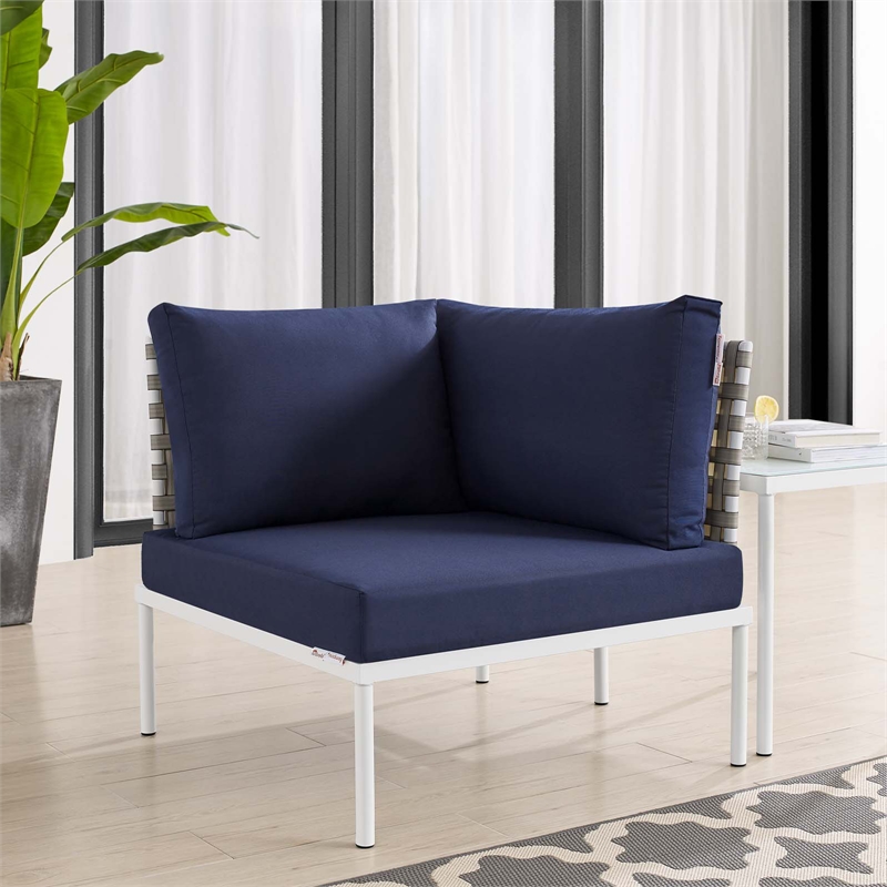 Modway Harmony Fabric Basket Weave Patio Corner Chair in Navy/Tan
