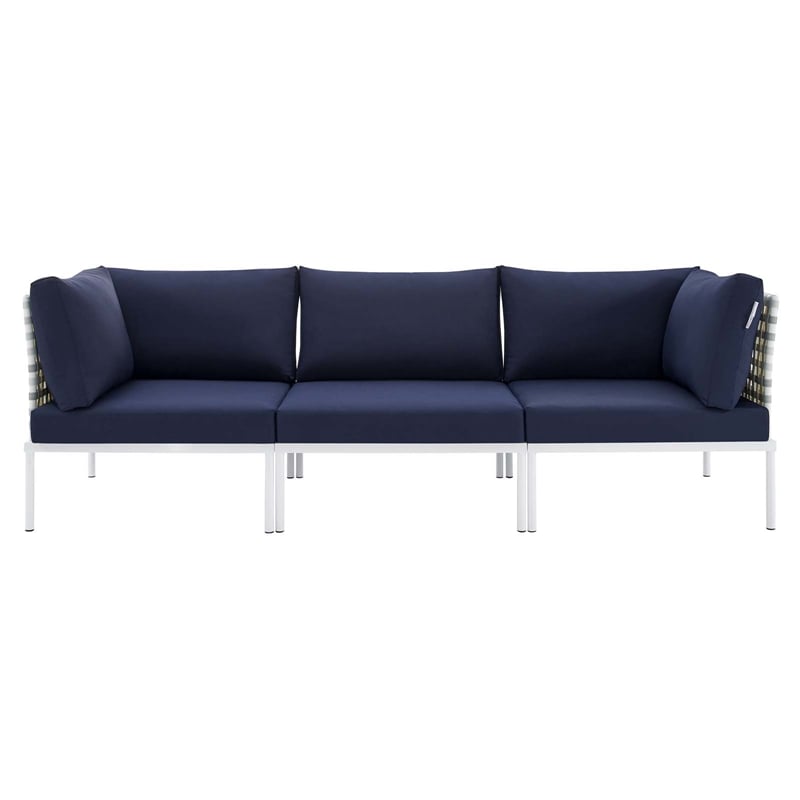 Modway Harmony Modern Fabric & Aluminum Basket Weave Patio Sofa in Taupe/Navy
