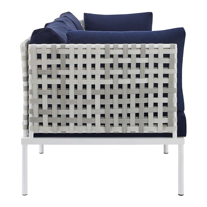 Modway Harmony Modern Fabric & Aluminum Basket Weave Patio Sofa in Taupe/Navy