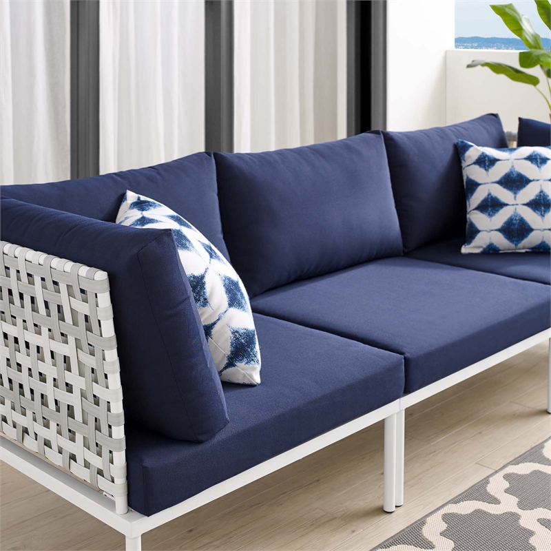 Modway Harmony Modern Fabric & Aluminum Basket Weave Patio Sofa in Taupe/Navy