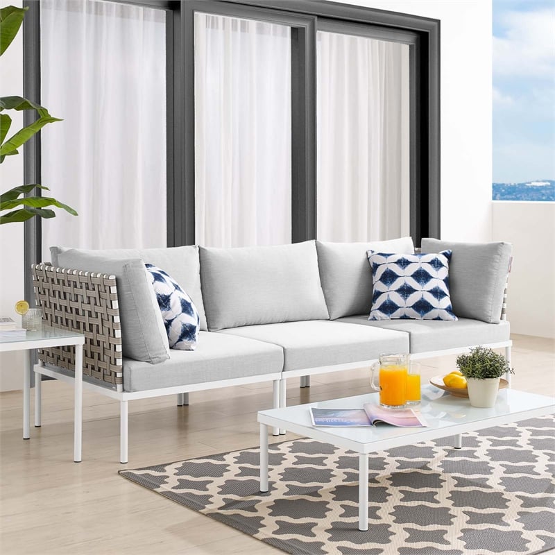 Modway Harmony Modern Fabric & Aluminum Basket Weave Patio Sofa in Tan/Gray
