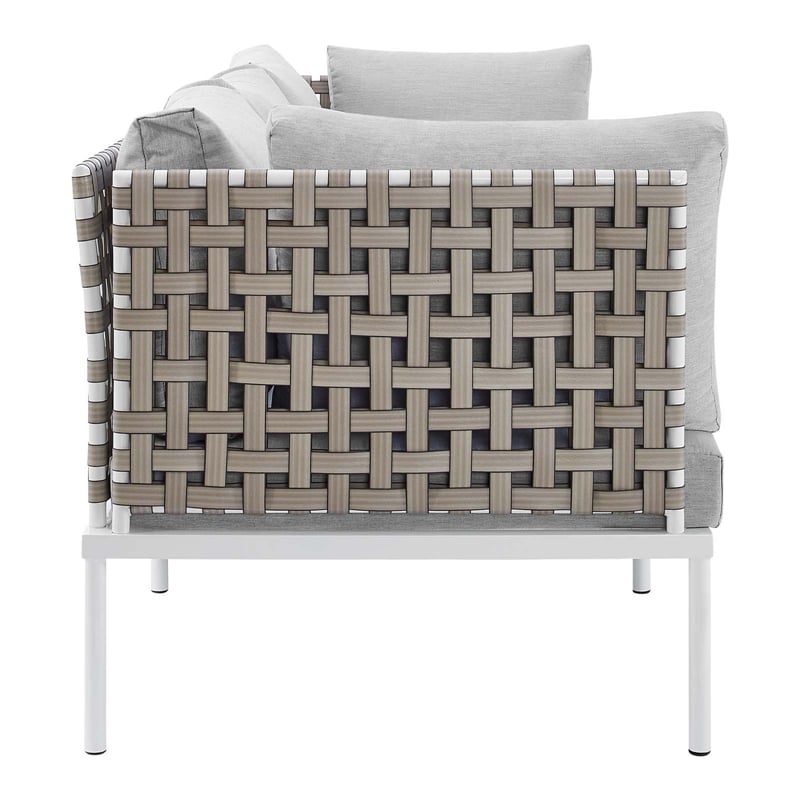 Modway Harmony Modern Fabric & Aluminum Basket Weave Patio Sofa in Tan/Gray