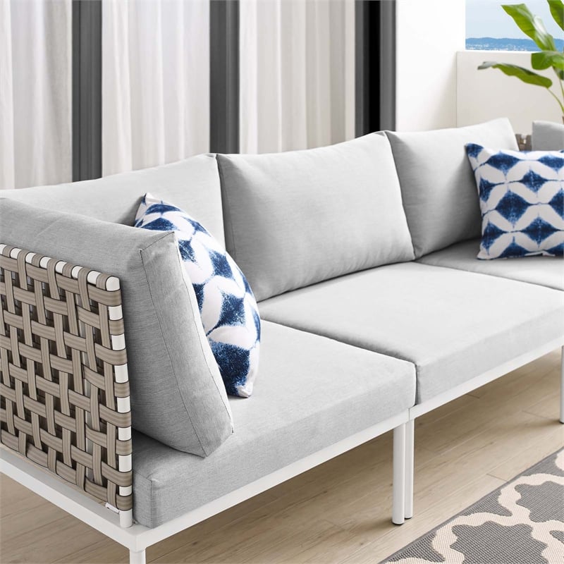 Modway Harmony Modern Fabric & Aluminum Basket Weave Patio Sofa in Tan/Gray
