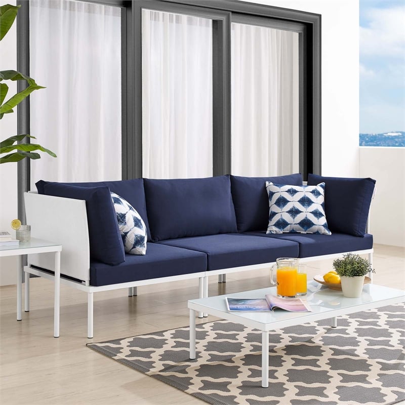 Modway Harmony Modern Fabric & Aluminum Patio Sofa in White and Navy