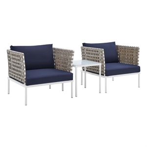 modway harmony 3-piece fabric basket weave patio seating set in tan/navy