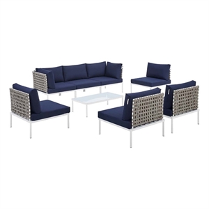 modway harmony 8-piece fabric basket weave patio sectional sofa set in tan/navy