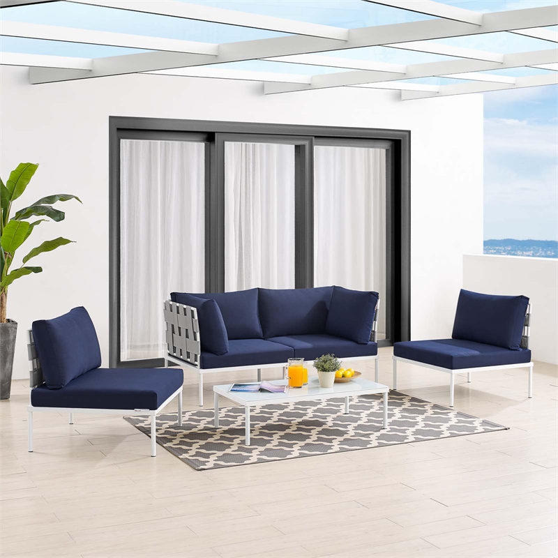 Modway Harmony 4-Piece Aluminum & Fabric Patio Seating Set in Navy/Gray