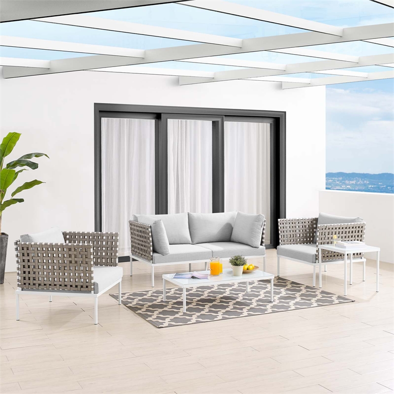 Modway Harmony 5-Piece Fabric Basket Weave Patio Seating Set in Tan/Gray