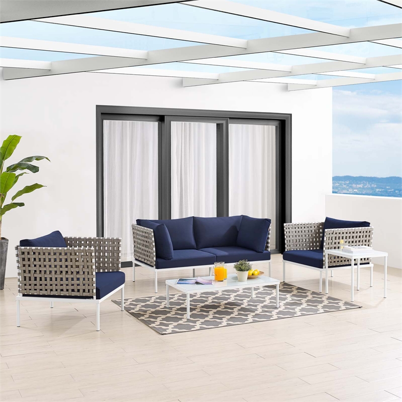 Modway Harmony 5-Piece Fabric Basket Weave Patio Seating Set in Tan/Navy