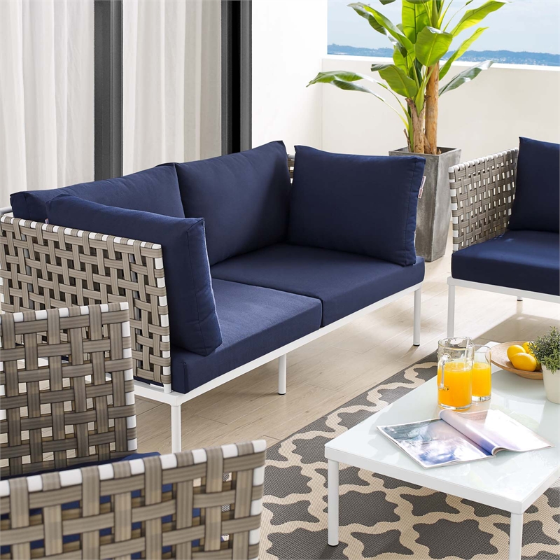 Modway Harmony 5-Piece Fabric Basket Weave Patio Seating Set in Tan/Navy
