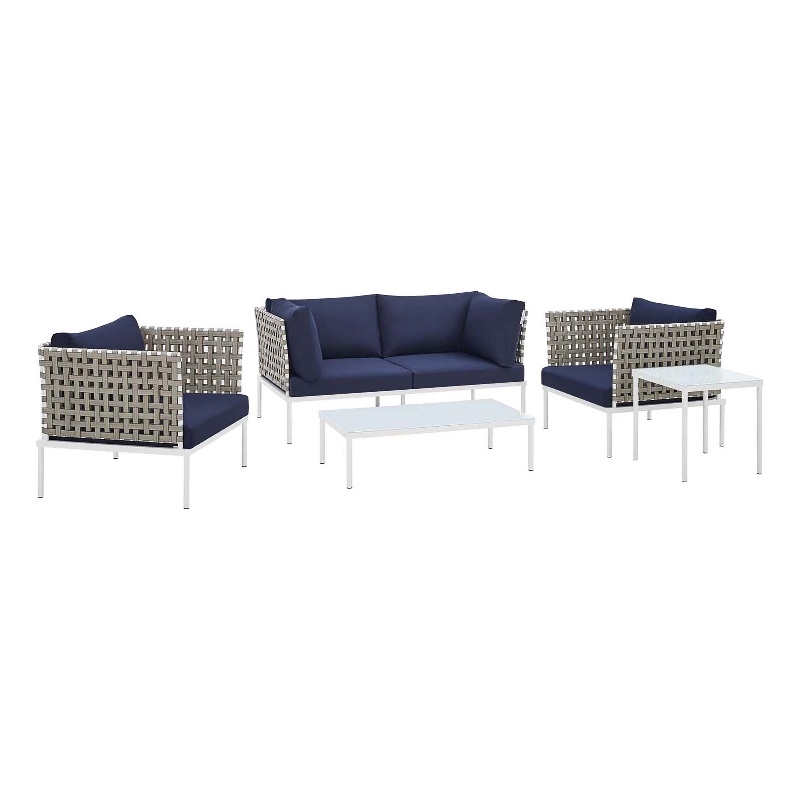 Modway Harmony 5-Piece Fabric Basket Weave Patio Seating Set in Tan/Navy