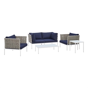 modway harmony 5-piece fabric basket weave patio seating set in tan/navy