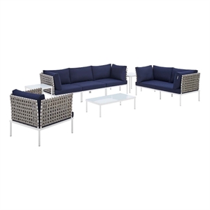 modway harmony 8-piece fabric basket weave patio seating set in tan/navy