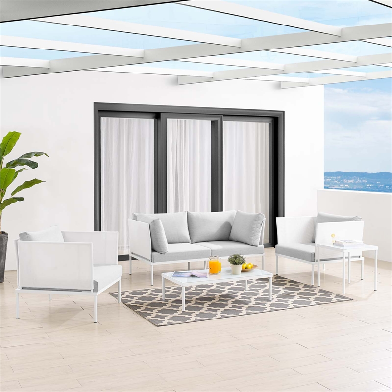 Modway Harmony 5-Piece Fabric & Aluminum Patio Furniture Set in White/Gray
