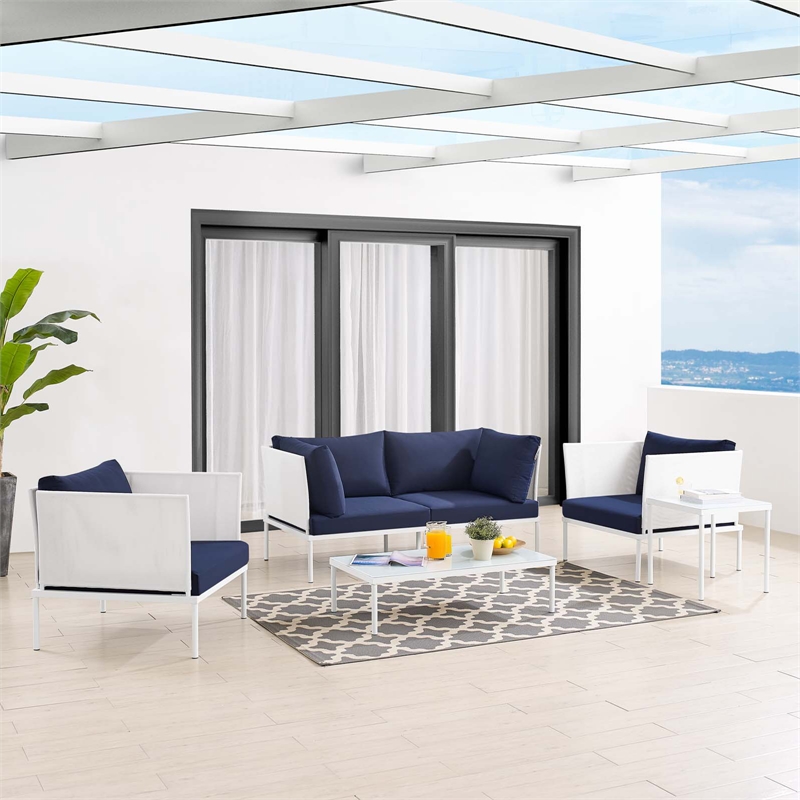 Modway Harmony 5-Piece Fabric & Aluminum Patio Furniture Set in White/Navy
