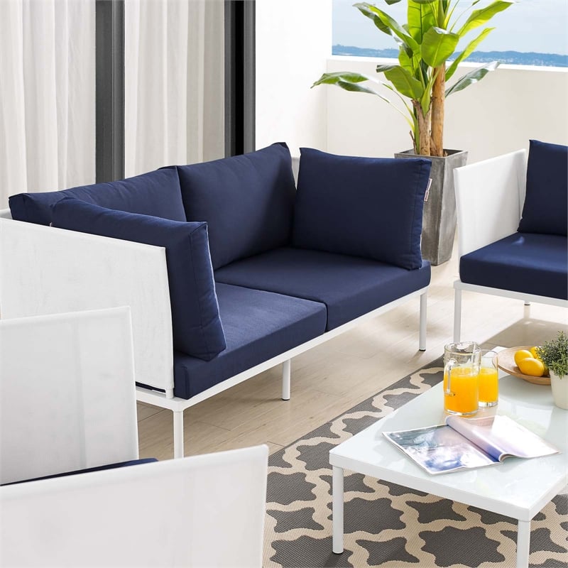 Modway Harmony 5-Piece Fabric & Aluminum Patio Furniture Set in White/Navy