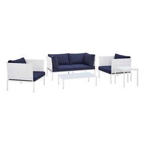 Modway Harmony 5-Piece Fabric & Aluminum Patio Furniture Set in White/Navy