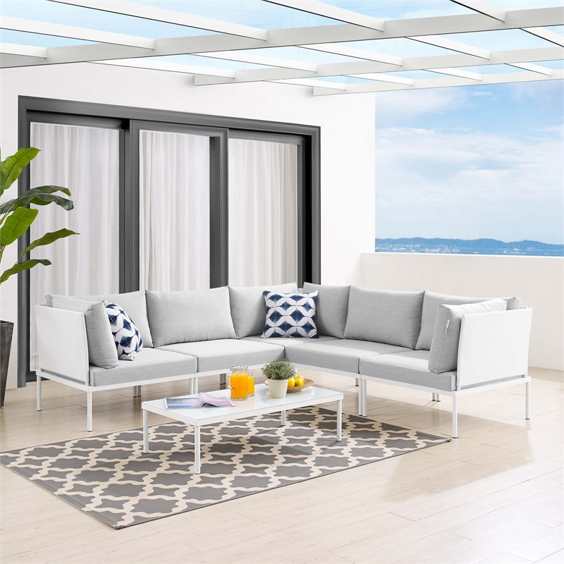 Modway Harmony 6-Piece Fabric Patio Sectional Sofa Set in White/Gray