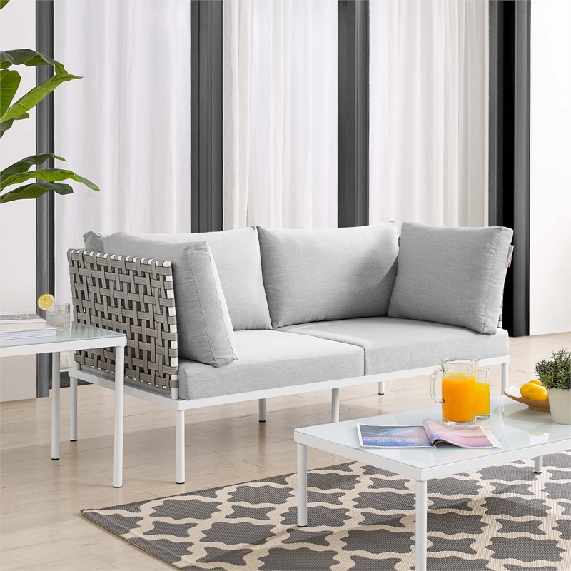 Modway Harmony Fabric & Aluminum Basket Weave Patio Loveseat in Tan/Gray