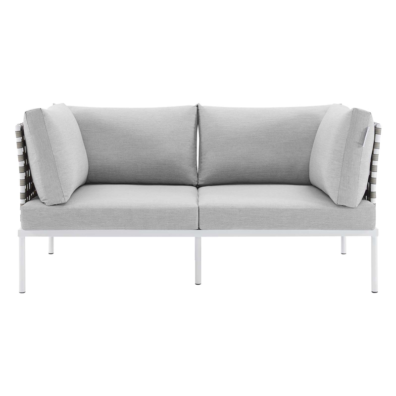 Modway Harmony Fabric & Aluminum Basket Weave Patio Loveseat in Tan/Gray