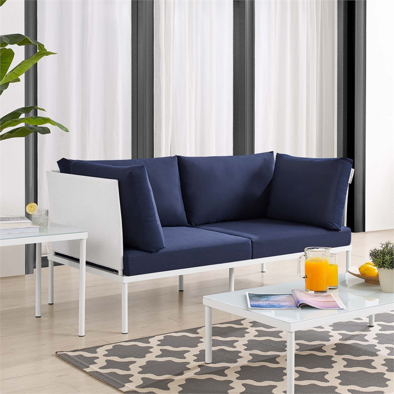 Modway Harmony Modern Fabric & Aluminum Patio Loveseat in White/Navy