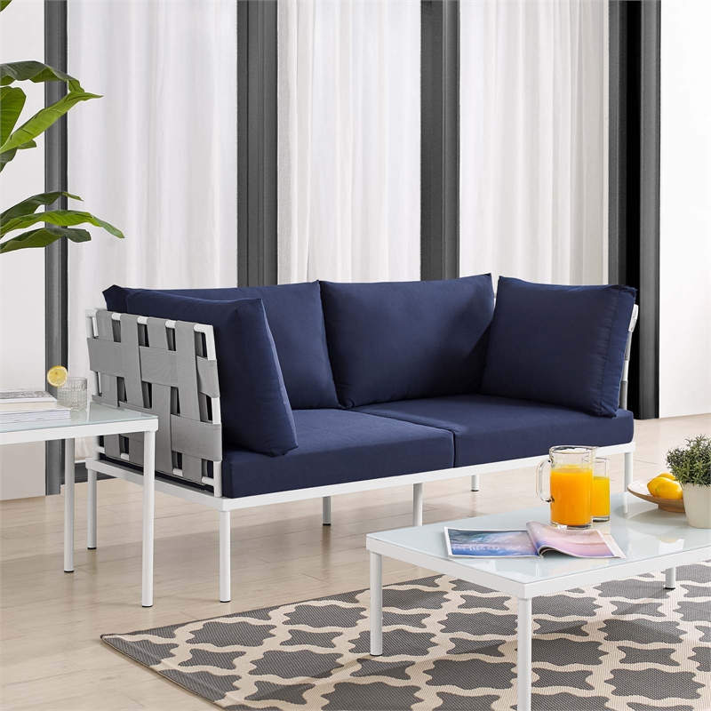 Modway Harmony Modern Fabric & Aluminum Patio Loveseat in Navy/Gray