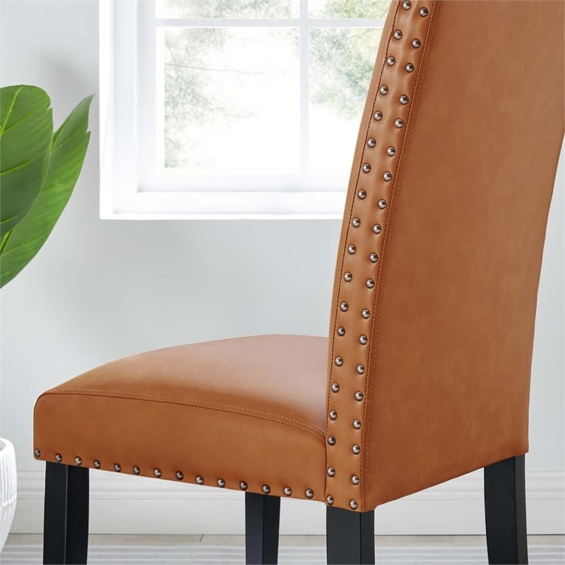 Modway Parcel Wood and Faux Leather Dining Side Chair in Tan