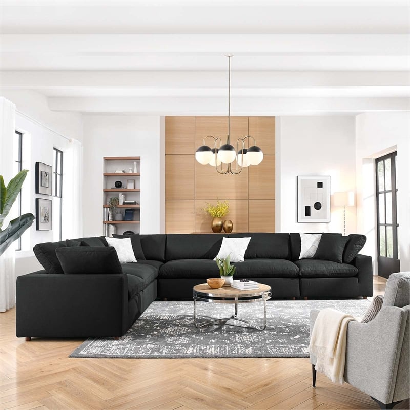 Modway Commix 6-Piece Down Filled Overstuffed Fabric Sectional Sofa Set in Black