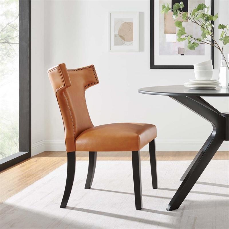 Modway Curve Solid Wood and Vegan Leather Dining Chair in Tan