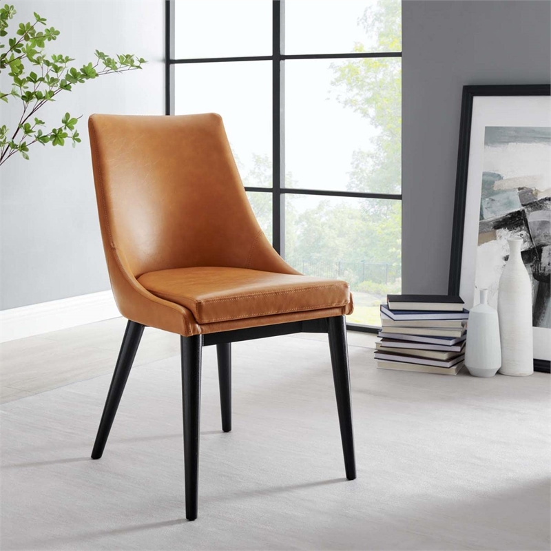 Modway Viscount Solid Wood and Vegan Leather Dining Chair in Tan