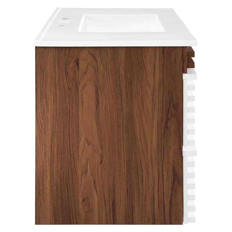 Modway Render 36" MDF Wood WallMount Bathroom Vanity in White/Walnut