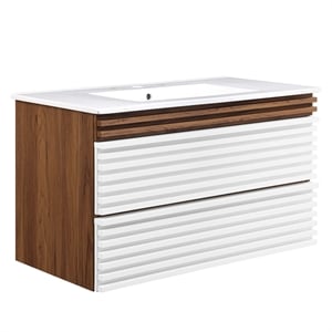 Modway Render 36&quot MDF Wood Wall-Mount Bathroom Vanity in White/Walnut