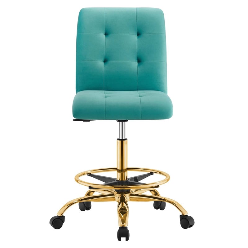 Modway Prim Metal and Performance Velvet Armless Drafting Chair in Gold/Teal