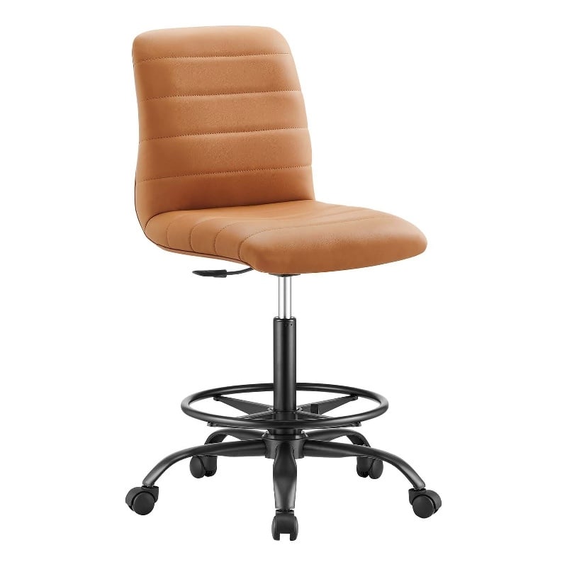 Modway Ripple Vegan Leather Armless Drafting Chair in Black/Tan