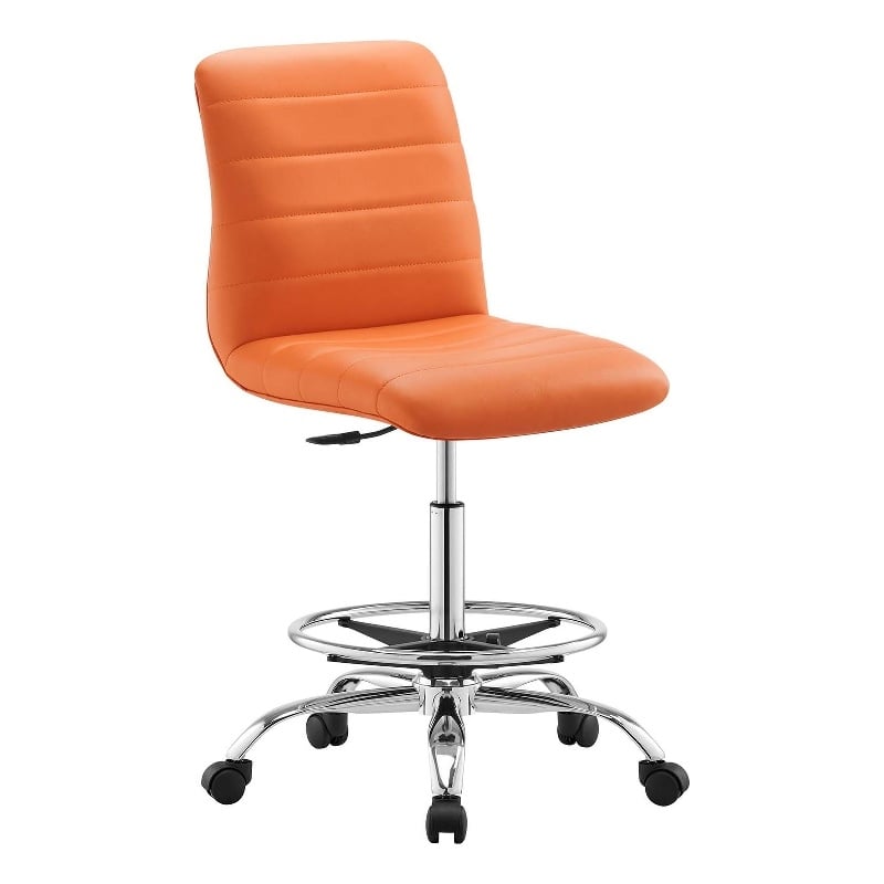 Modway Ripple Vegan Leather and Metal Armless Drafting Chair in Silver/Orange