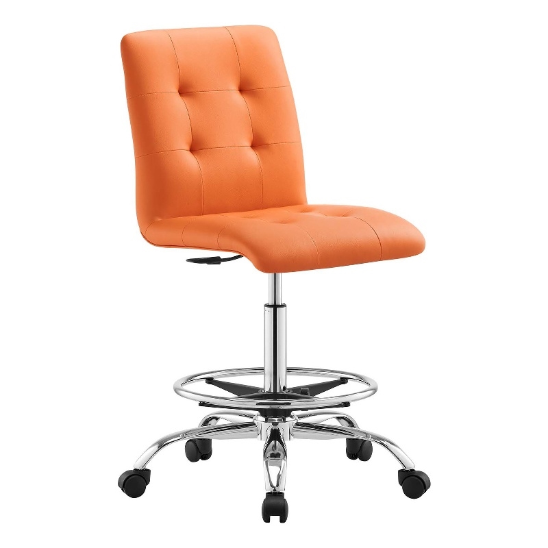 Modway Prim Metal Vegan Leather Armless Drafting Chair in Silver/Orange