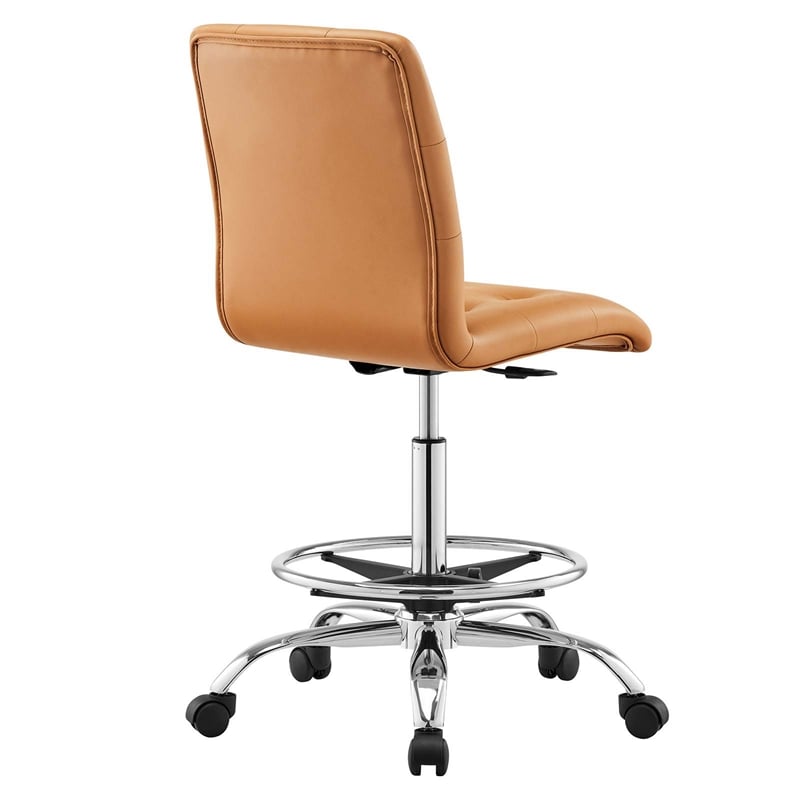 Modway Prim Metal Vegan Leather Armless Drafting Chair in Silver/Tan