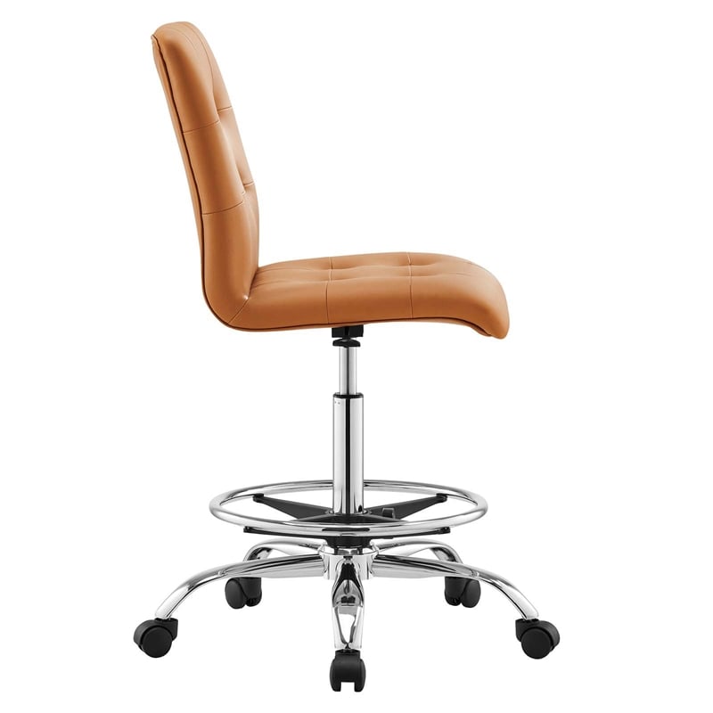 Modway Prim Metal Vegan Leather Armless Drafting Chair in Silver/Tan