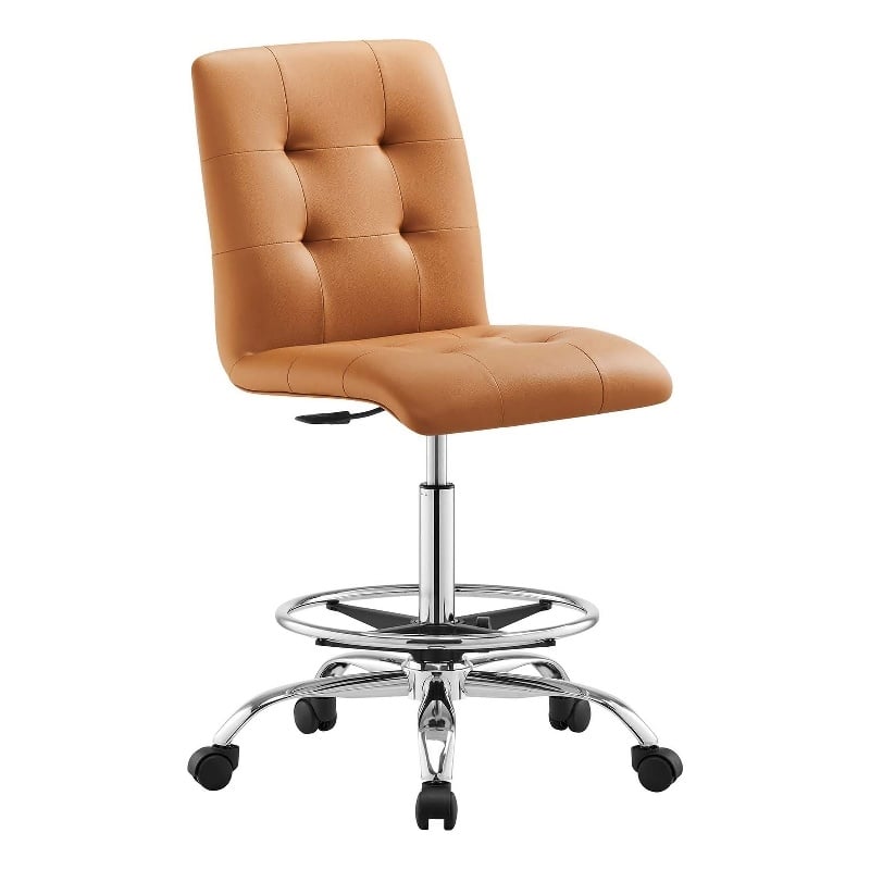 Modway Prim Metal Vegan Leather Armless Drafting Chair in Silver/Tan