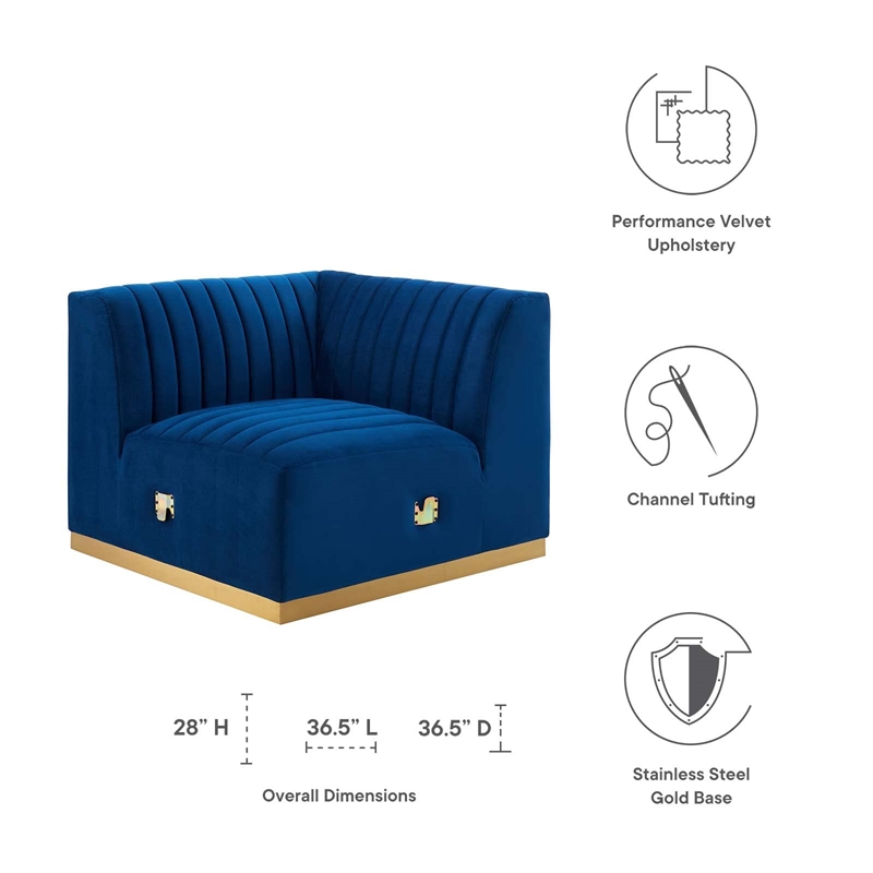 Modway Conjure Channel Tufted Performance Velvet Left Corner Chair in Gold/Navy