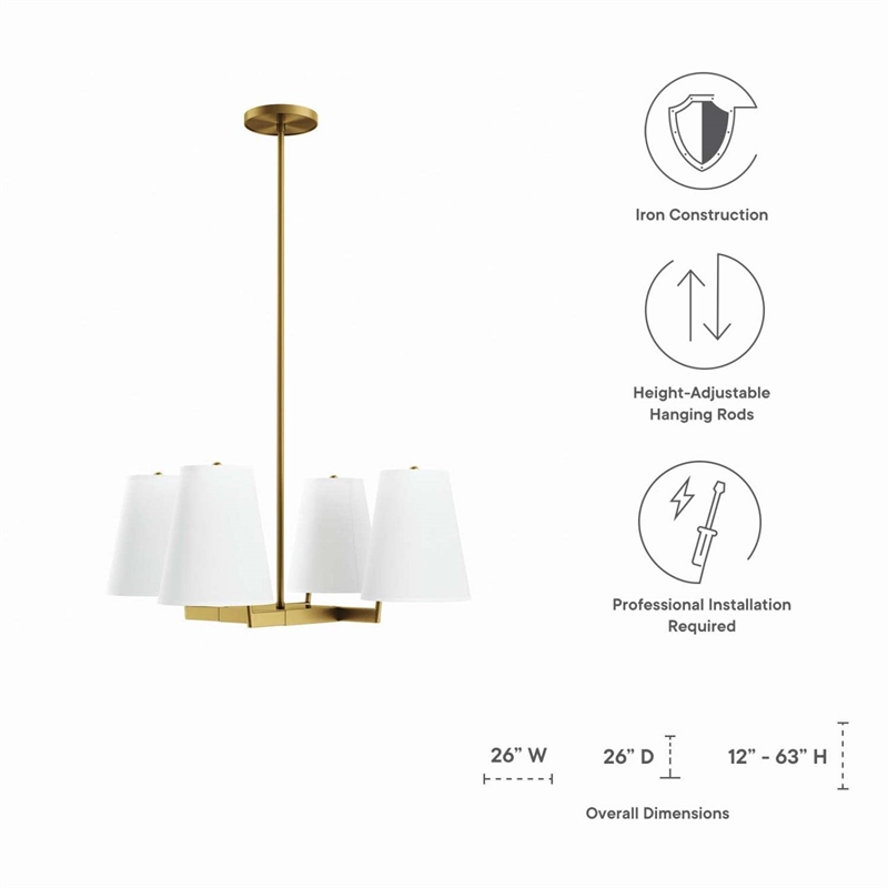 Modway Mercer 4-Light Metal and Fabric Pendant Light in White/Satin Brass