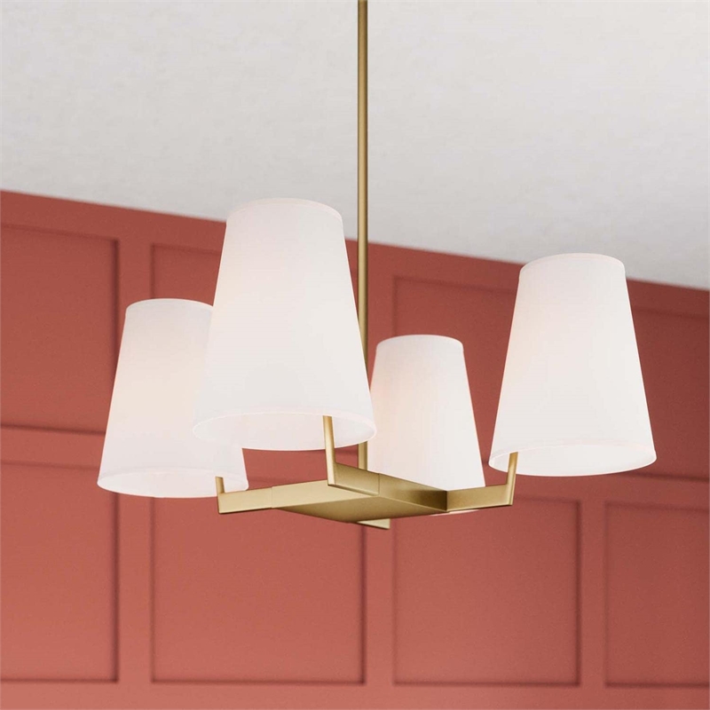 Modway Mercer 4-Light Metal and Fabric Pendant Light in White/Satin Brass