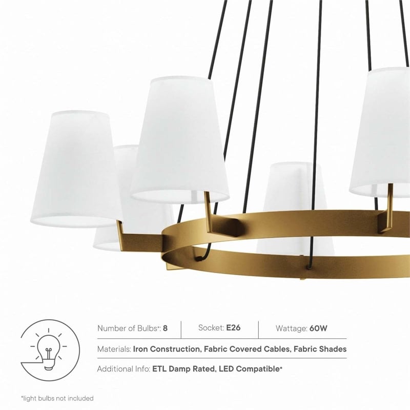 Modway Surround 8-Light Metal and Fabric Chandelier in White/Satin Brass