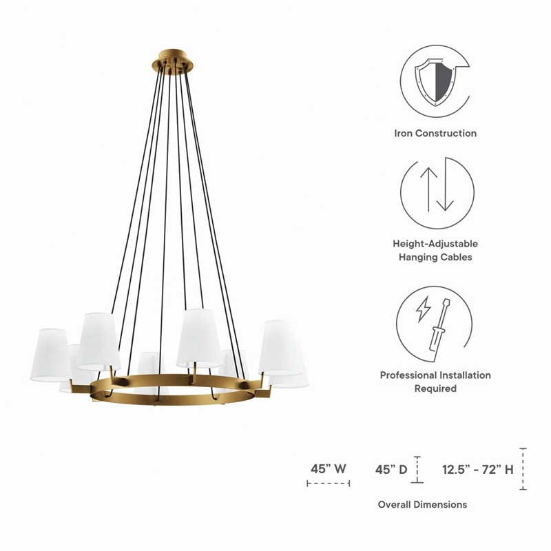Modway Surround 8-Light Metal and Fabric Chandelier in White/Satin Brass