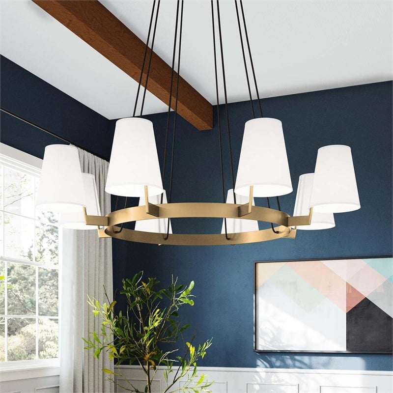 Modway Surround 8-Light Metal and Fabric Chandelier in White/Satin Brass