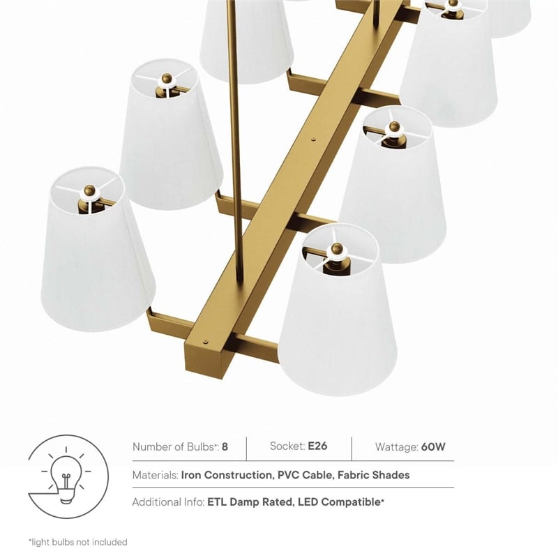 Modway Enthrall 8-Light Metal and Fabric Chandelier in White/Satin Brass