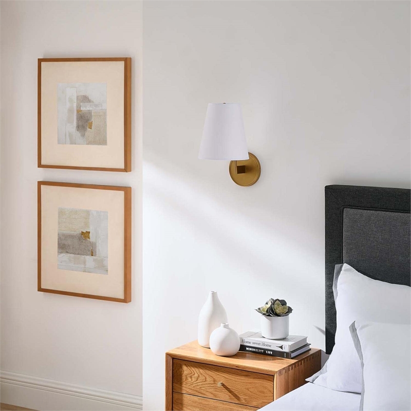 Modway Surround Metal and Fabric Wall Sconce in White/Satin Brass